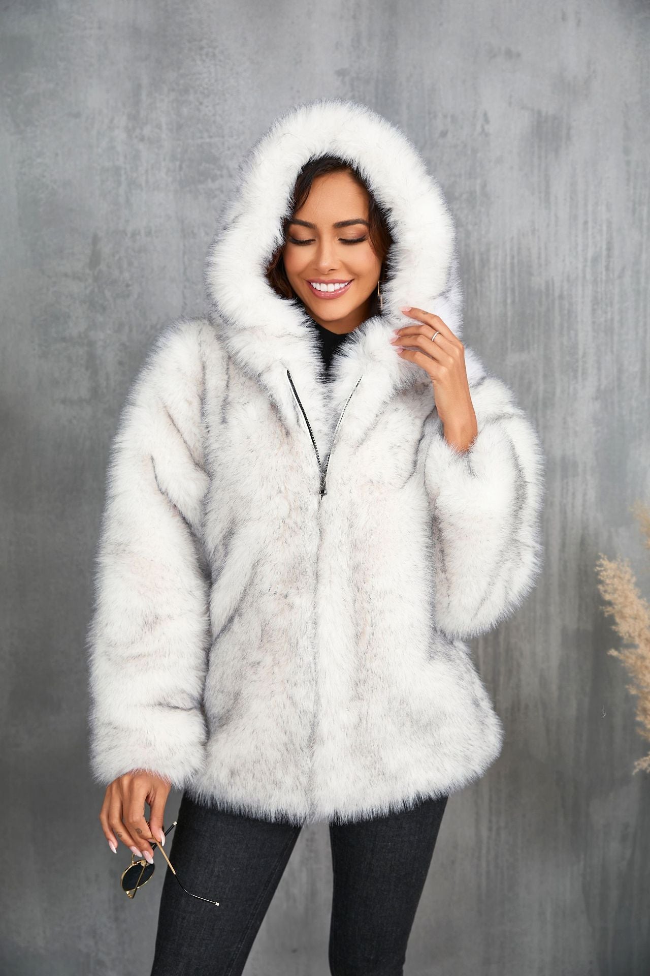 Leather Fur Solid Color Loose Hooded Short Collar Coat