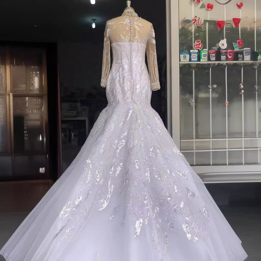 African Bridal Lace Long Sleeve Fishtail Wedding Dress