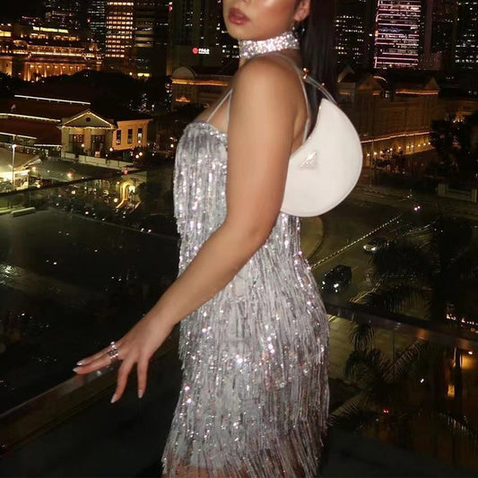 Sheath Sleeveless Sexy Suspenders Sequined Glitter Tassel Dress
