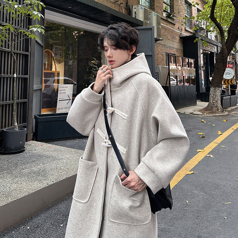 High-grade Woolen Horn Button Hooded Coat Mid-length