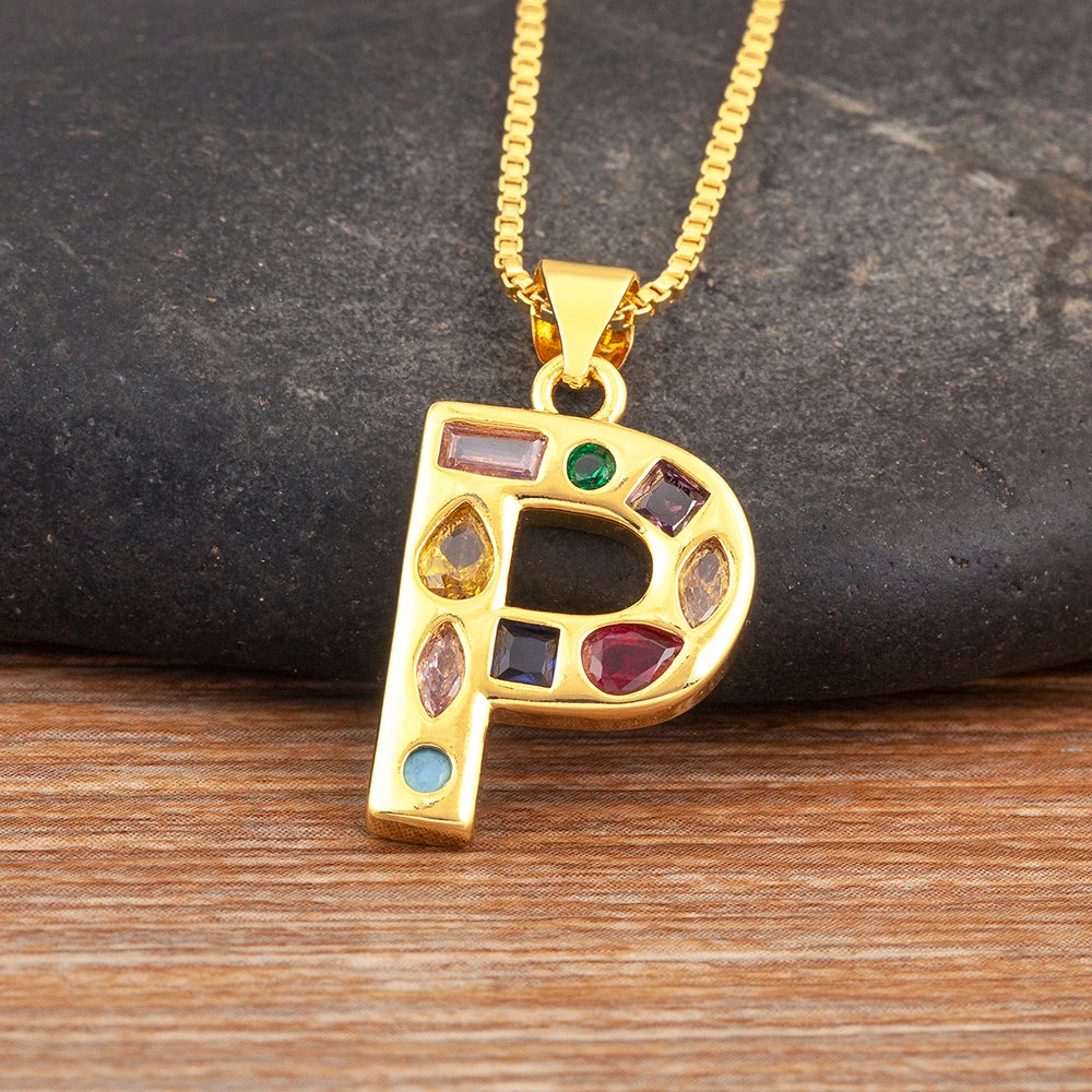 Nidin New Fashion Pave Colorful Zircon A-Z Letters Pendant Necklace Initials Alphabet For Women Name Clavicle Chain Jewelry Gift