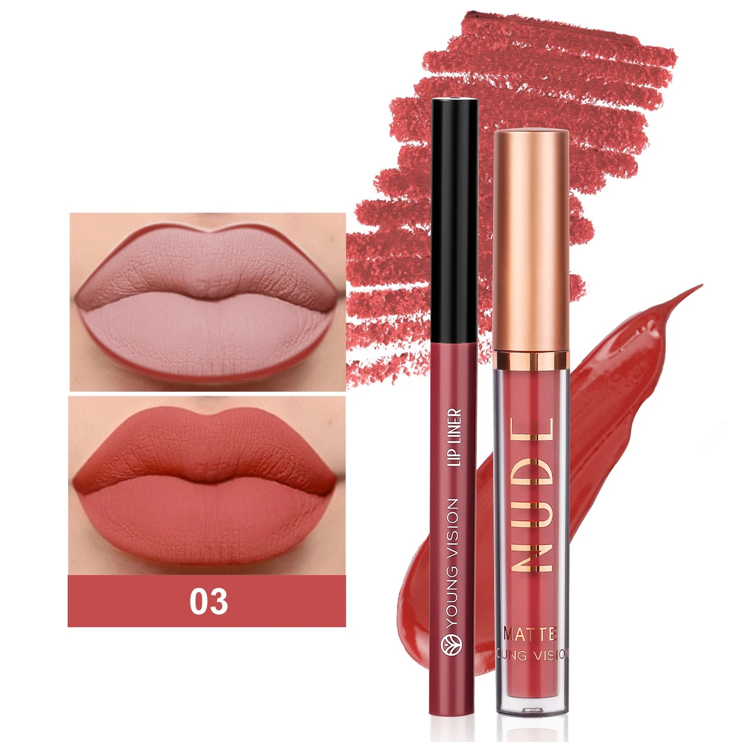 YOUNG VISION 2-color matte long-lasting color lip liner set waterproof anti-sweat non-stick cup lip gloss rotatable lip liner