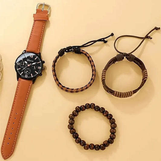 4PCS Fashion Men Watches Casual Male's Quartz Watch Bracelets Set Relogio Masculino Reloj Hombre(Without Box)
