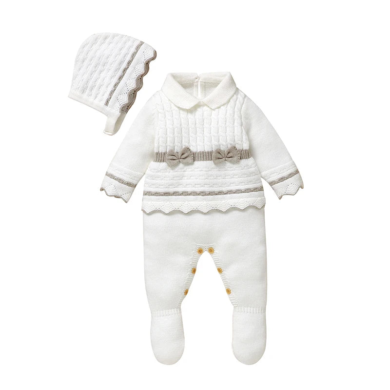 Newborn Baby Rompers Knit Foot Wrapping Toddler Kid Clothing Hat 0-9M Overalls Fashion Tie 2PCS Infant Girl Jumpsuit Long Sleeve