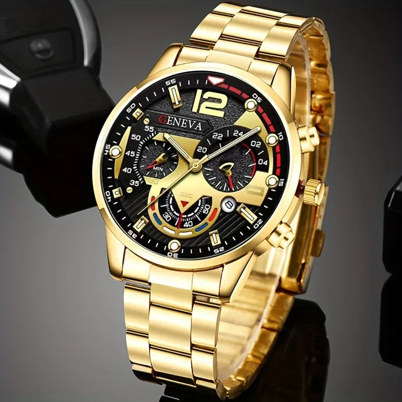 4Pcs/set Luxury Men Business Quartz Watch stainless steel Roman Calendar Wrist Watch Cross Necklace Bracelet Ring Set Men's Gift