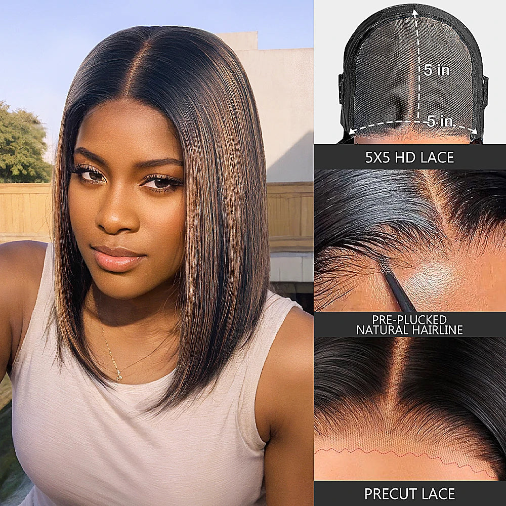 Glueless Wigs Human Hair Pre Plucked Pre Cut P1b/30 Straight Bob Wig Human Hair 5x5 Hd Lace Closure Wigs With Natural Hairline