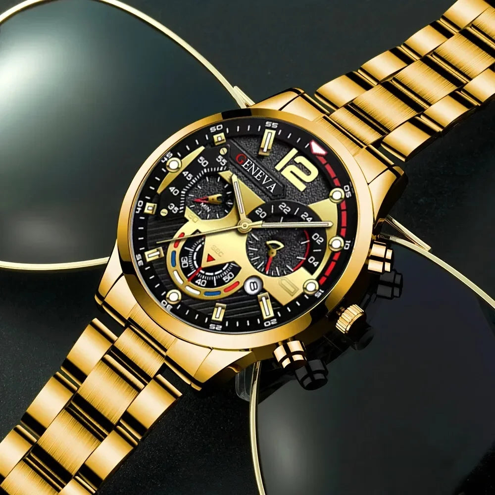 4Pcs/set Luxury Men Business Quartz Watch stainless steel Roman Calendar Wrist Watch Cross Necklace Bracelet Ring Set Men's Gift