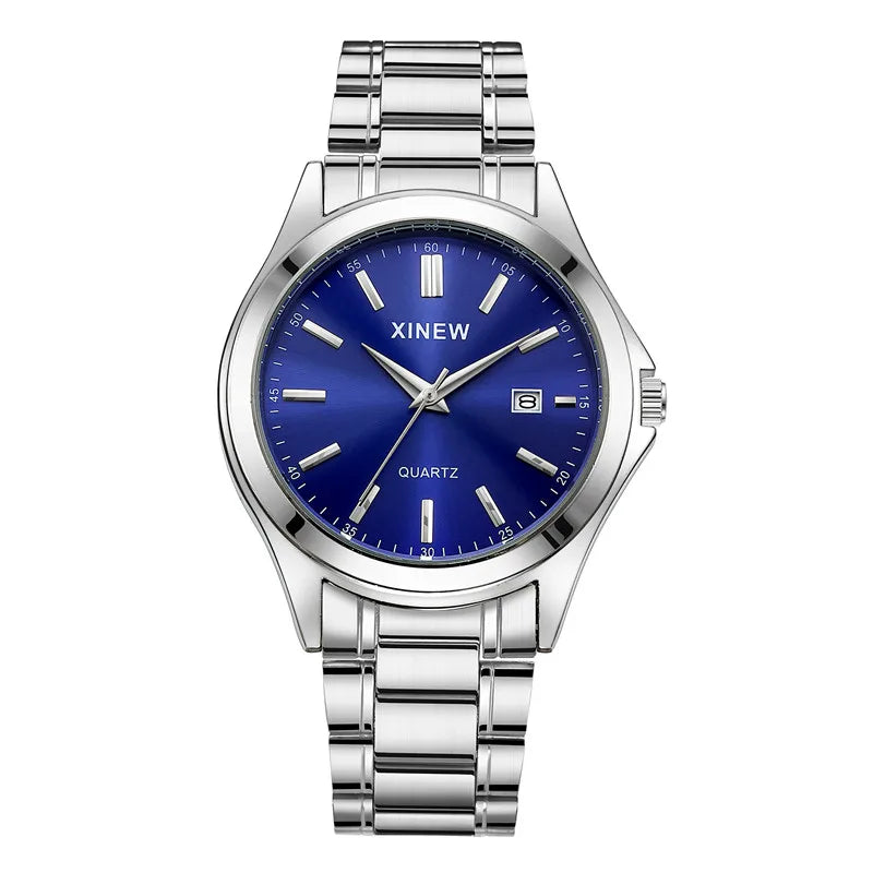 Genuine XINEW Brand Men Watches Students Fashion Casual Full Stainless Steel Band Simple Date Quartz Wrist Vintage Watch Silver