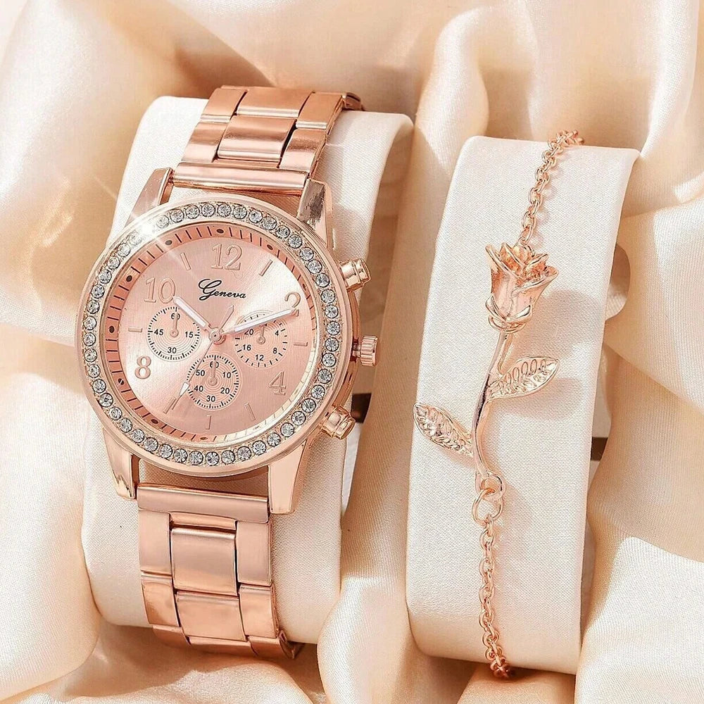 5 PCS Set Gold Watch Women Luxury Ring Necklace Earrings Rhinestone Fashion Wristwatch Female Casual Watches Bracelet Set