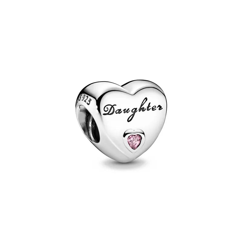 2024 Original 925 Silver Simple Heart Charm Daughter Mom Dad Bead Fit Dpandore Bracelet Necklace Women Diy Jewelry For Gift