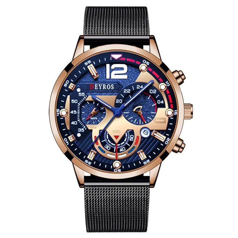 2023 Fashion Mens Business Watches Luxury Stainless Steel Mesh Belt Quartz Wrist Watch Luminous Clock Men Casual Calendar Watch
