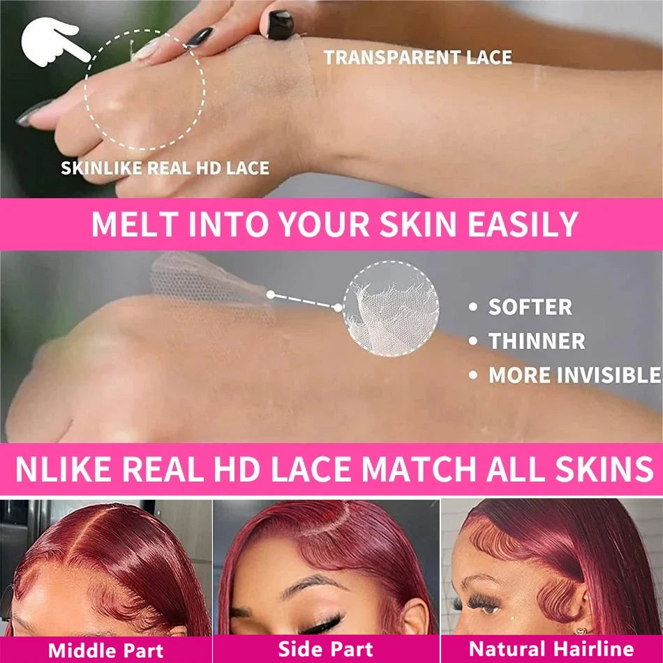 99J Colored Lace Front Human Hair Wigs Straight Burgundy 13x4 Transparent Full Lace Frontal Wig Red Brazilian Wigs For Women