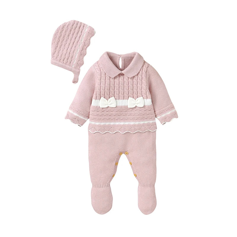Newborn Baby Rompers Knit Foot Wrapping Toddler Kid Clothing Hat 0-9M Overalls Fashion Tie 2PCS Infant Girl Jumpsuit Long Sleeve