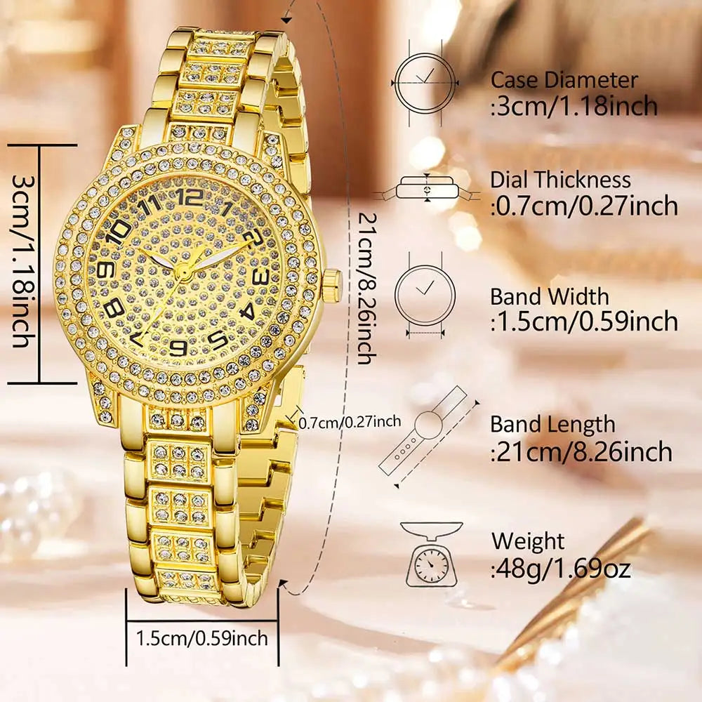 6Pcs Fashion Luxury Women Watch Necklace Earrings Ring Set For Women Rhinestone Wristwatch Bracelet Set Valentine's Day Gift
