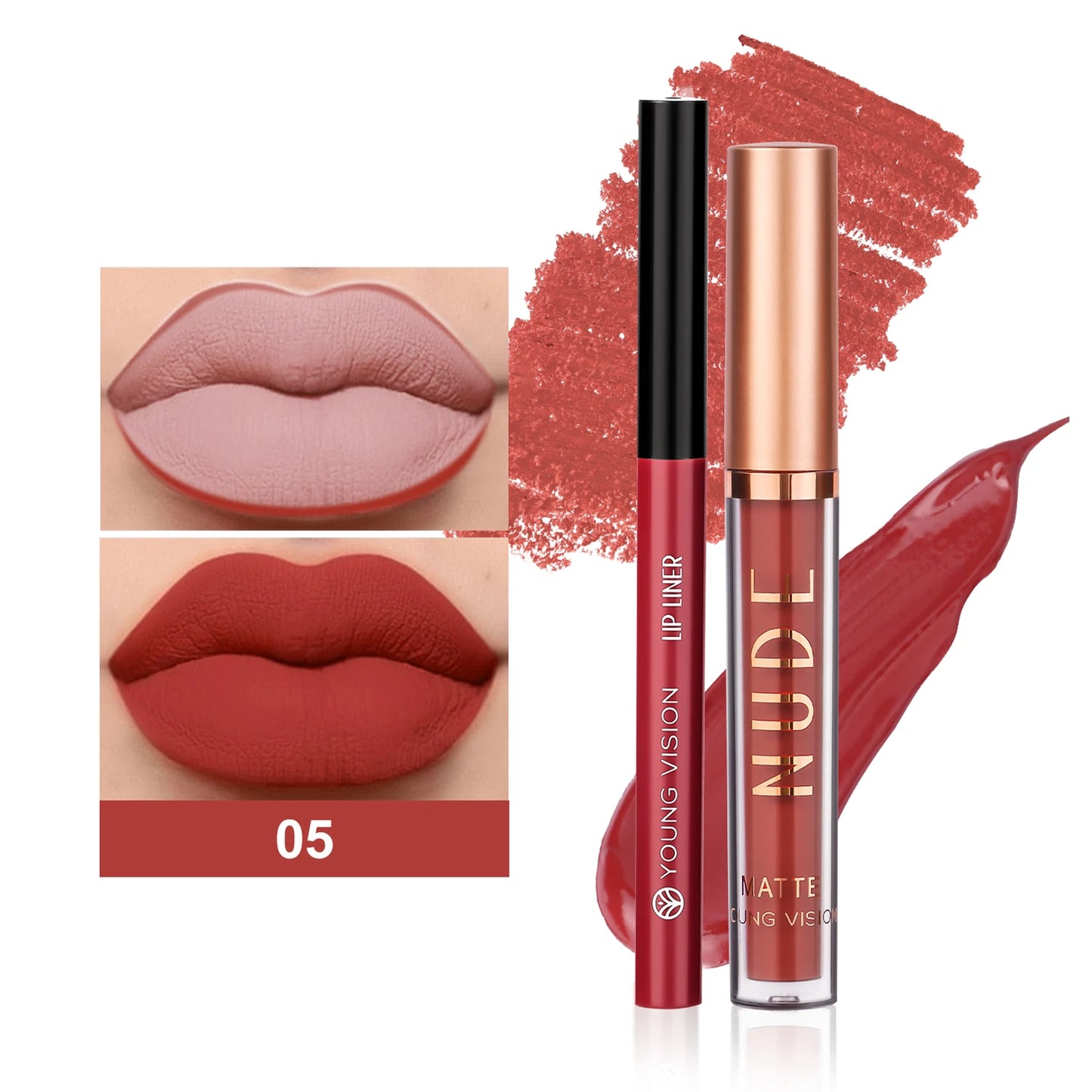 YOUNG VISION 2-color matte long-lasting color lip liner set waterproof anti-sweat non-stick cup lip gloss rotatable lip liner