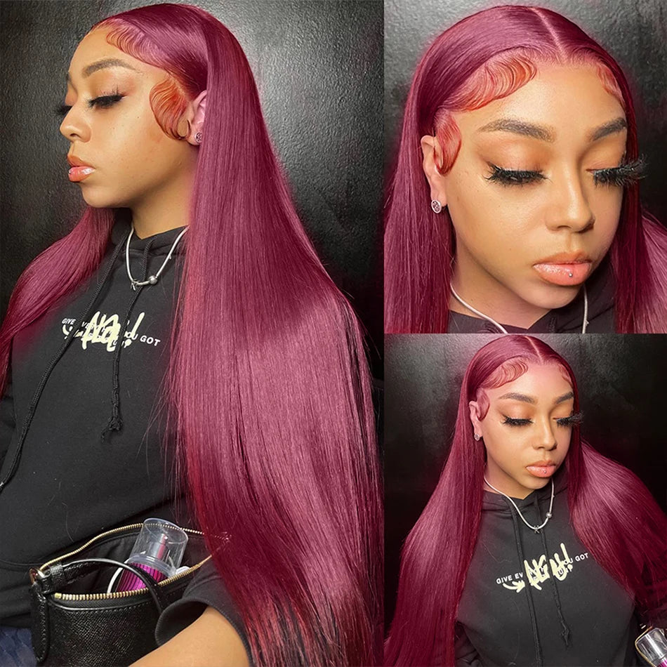 99J Colored Lace Front Human Hair Wigs Straight Burgundy 13x4 Transparent Full Lace Frontal Wig Red Brazilian Wigs For Women
