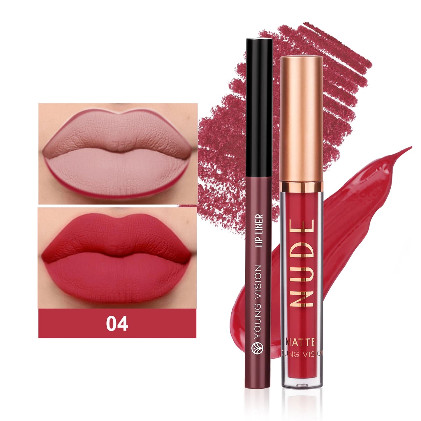 YOUNG VISION 2-color matte long-lasting color lip liner set waterproof anti-sweat non-stick cup lip gloss rotatable lip liner