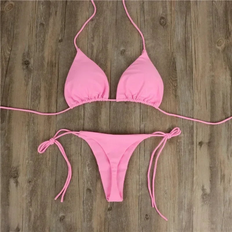 Solid Tie-Side G-String Bikini, Breathtaking Bathing Suit with Feminine Bandage Design - Ideal Brazilian Bikini for the Beach