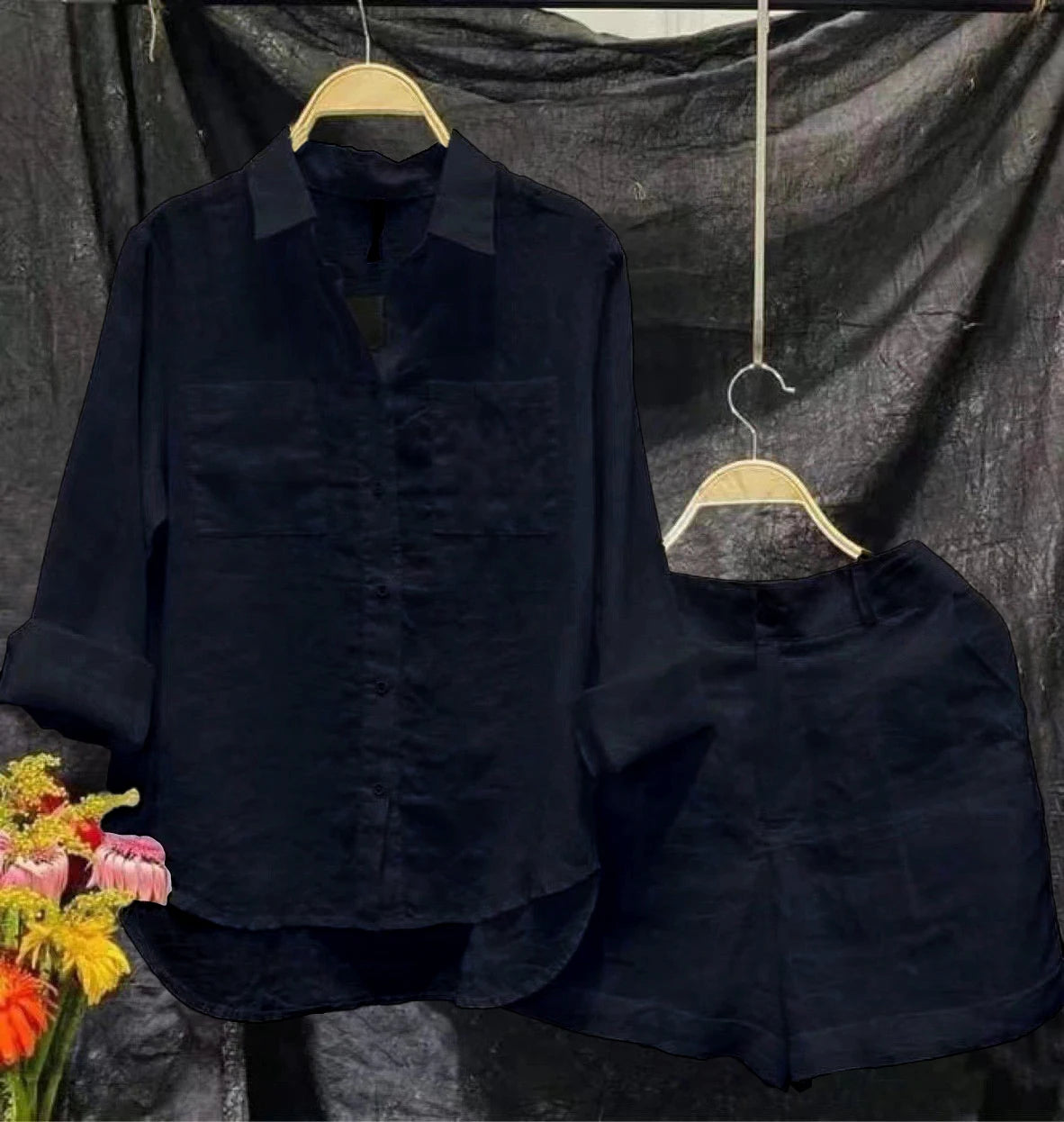 Fashion White Long Sleeve Women Shirts And Shorts Two Piece Sets 2024 Summer Pocket Casual Home 2 Piece Set For Women Outfit