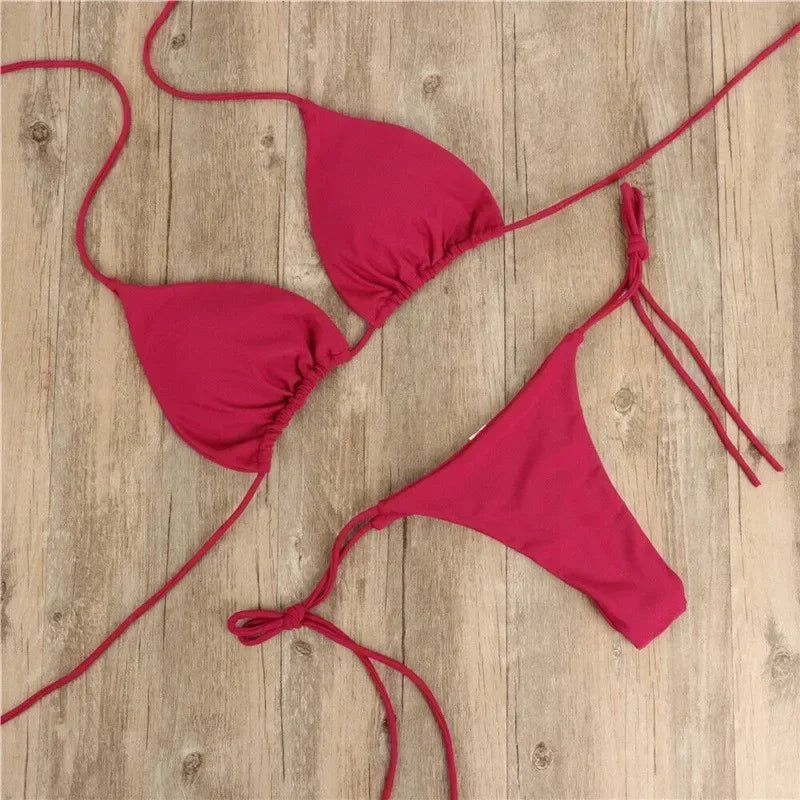 Solid Tie-Side G-String Bikini, Breathtaking Bathing Suit with Feminine Bandage Design - Ideal Brazilian Bikini for the Beach