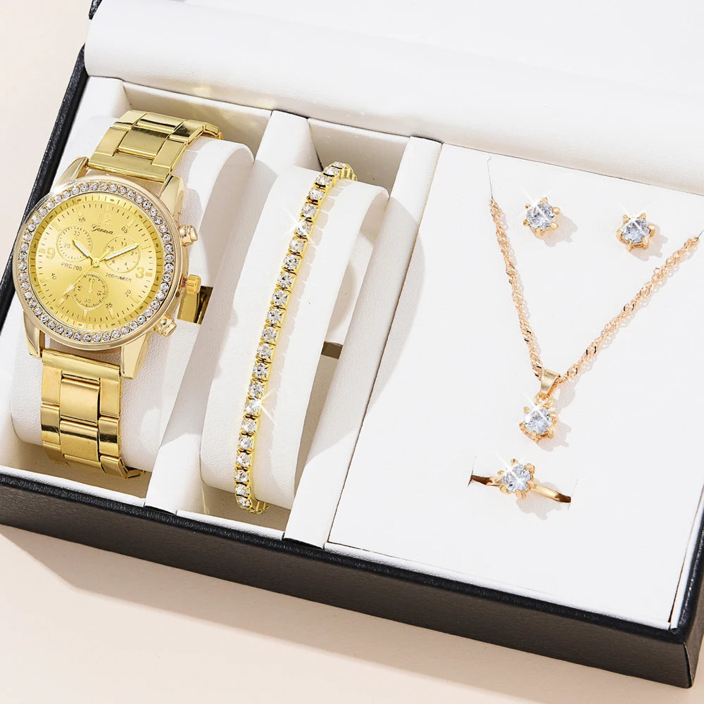 5 PCS Set Gold Watch Women Luxury Ring Necklace Earrings Rhinestone Fashion Wristwatch Female Casual Watches Bracelet Set