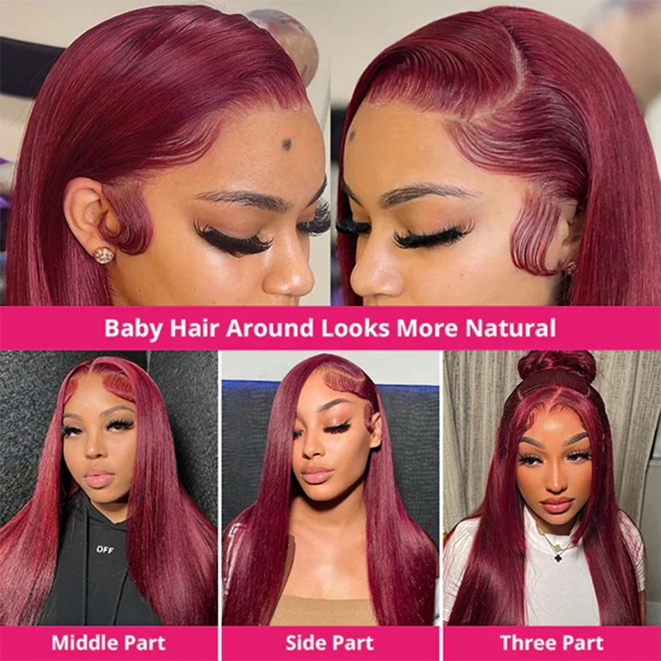 99J Colored Lace Front Human Hair Wigs Straight Burgundy 13x4 Transparent Full Lace Frontal Wig Red Brazilian Wigs For Women