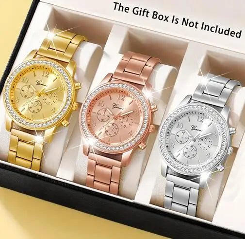 5 PCS Set Gold Watch Women Luxury Ring Necklace Earrings Rhinestone Fashion Wristwatch Female Casual Watches Bracelet Set
