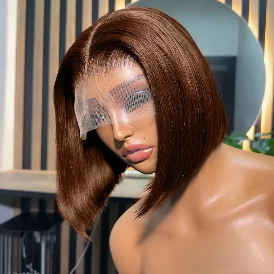 Brazilian 200 Density Short Bob 13x4 HD Transparent Lace Front Human Hair Wig Chocolate Brown Straight 13x5 Lace Frontal Wigs