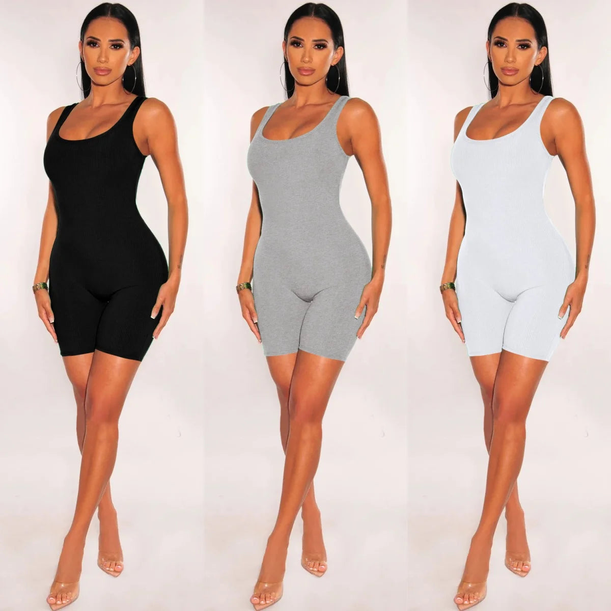 Women knitting solid sleeveless Bodycon romper playsuit ladies Skinny jumpsuit