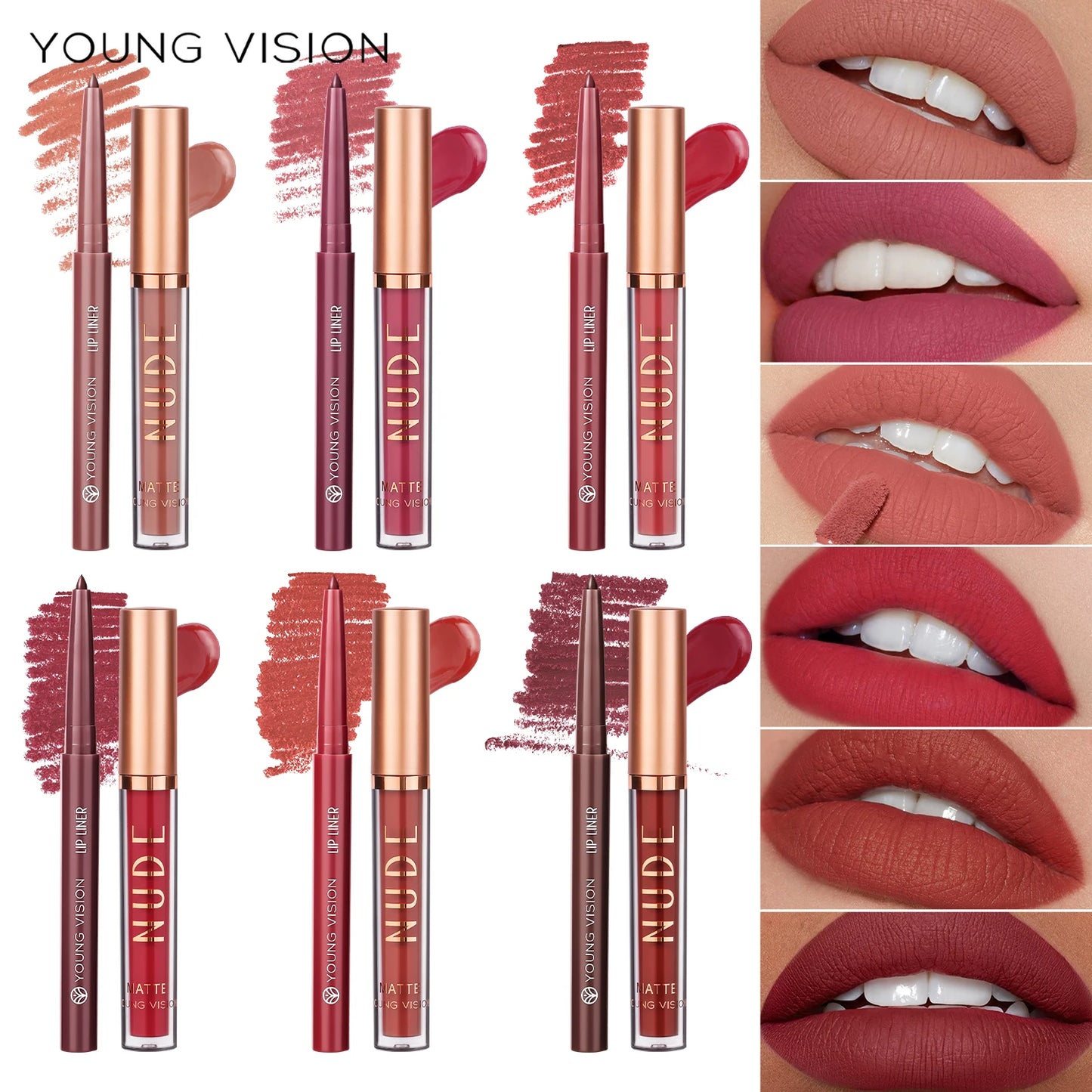 YOUNG VISION 2-color matte long-lasting color lip liner set waterproof anti-sweat non-stick cup lip gloss rotatable lip liner