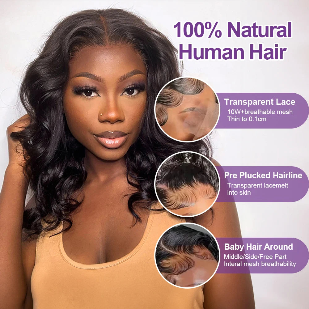 Body Wave Bob Wig 13x6 Transparent Hd Lace Frontal Wig Brazilian Virgin Remy Water Wave 13x4 Glueless Human Hair Wig 250 Density