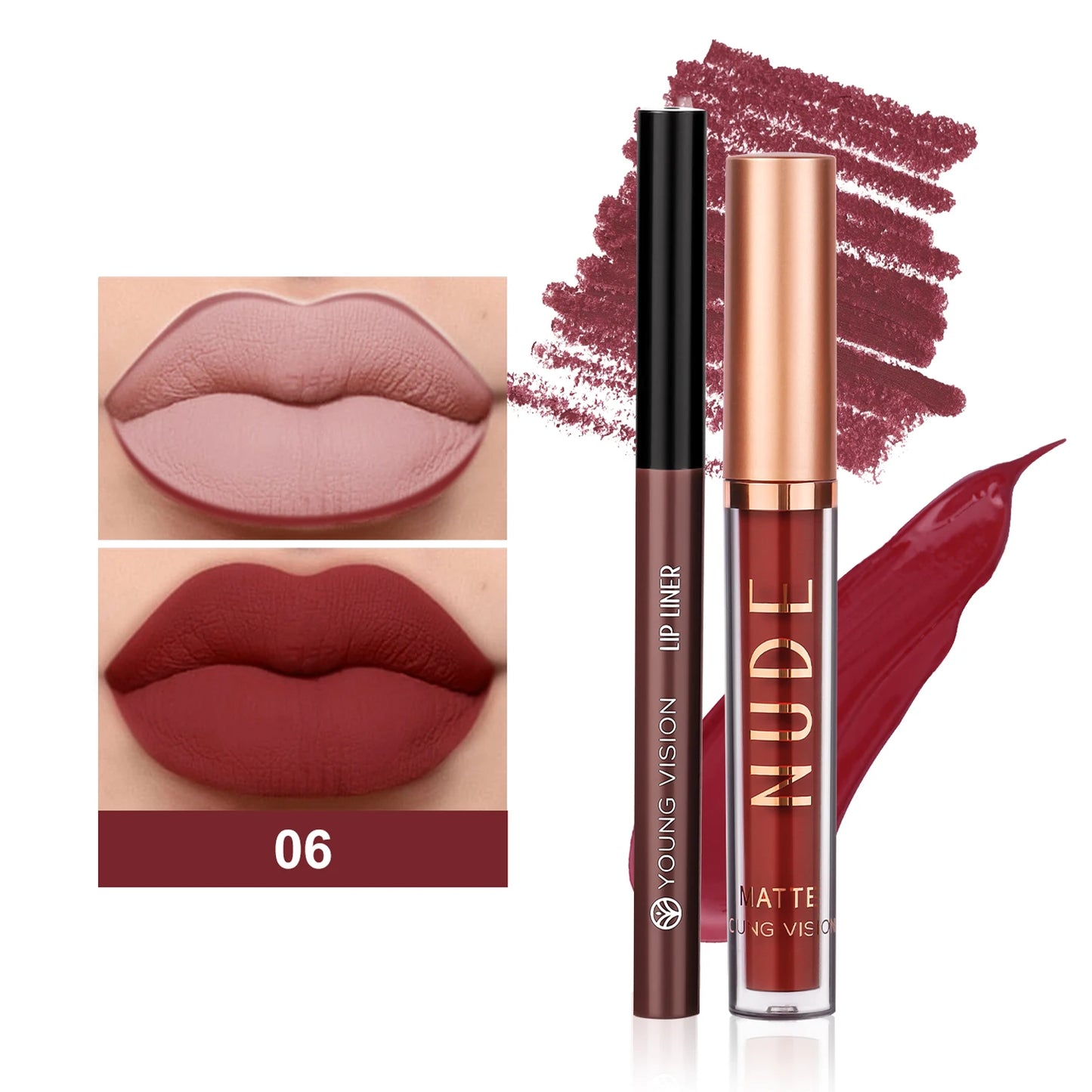 YOUNG VISION 2-color matte long-lasting color lip liner set waterproof anti-sweat non-stick cup lip gloss rotatable lip liner