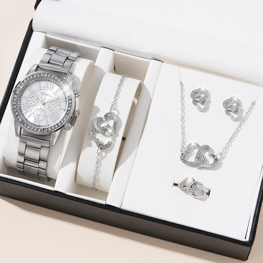 5 PCS Set Gold Watch Women Luxury Ring Necklace Earrings Rhinestone Fashion Wristwatch Female Casual Watches Bracelet Set