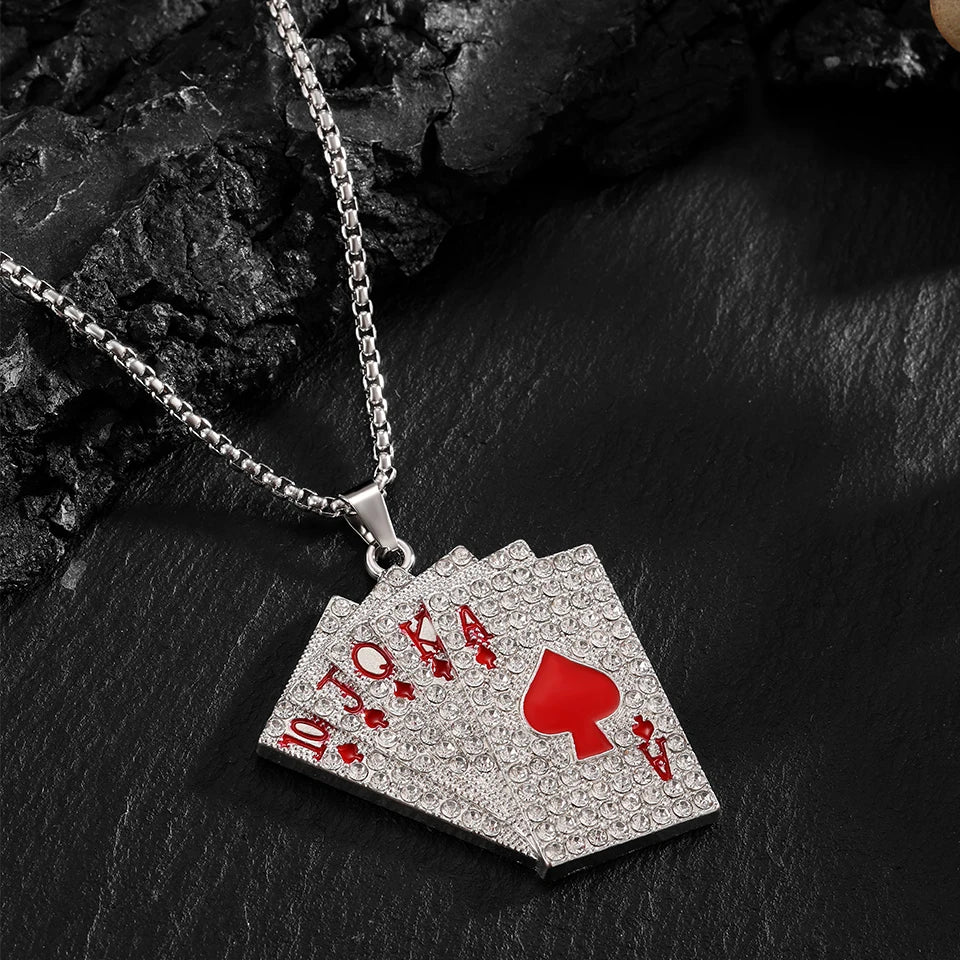 2Piece Set Hip Hop Statement Stainless Steel Poker Card Ace of Spades Necklace For Women Men Pendant Chain Playing Cards Jewelry