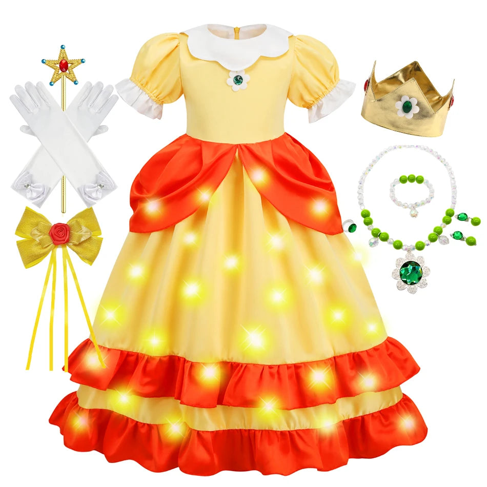 Game Princess Daisy Cosplay Costume Girls Cute Lolita LED Light Flashing Dress Fancy Halloween Carnival Wig Uniforms Clothing