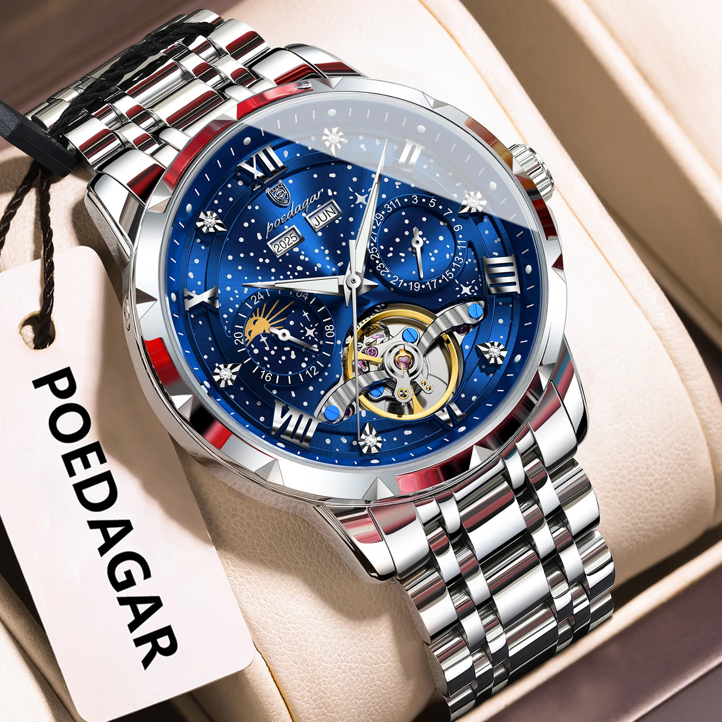 POEDAGAR Luxury Men Wristwatch Fashion Date Hollow Tourbillon Man Clock Automatic Mechanical Stainless Steel Men's Watches Reloj