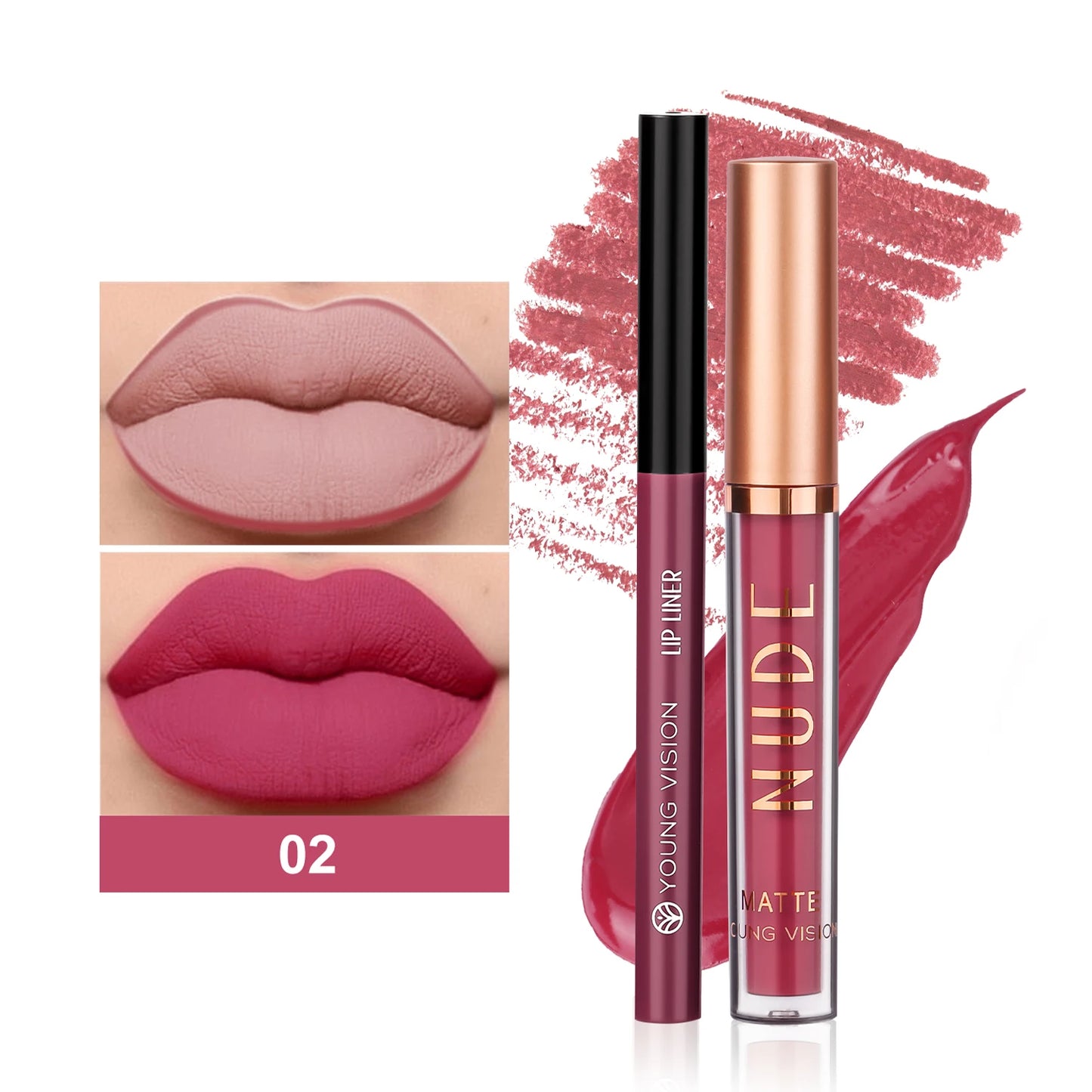 YOUNG VISION 2-color matte long-lasting color lip liner set waterproof anti-sweat non-stick cup lip gloss rotatable lip liner