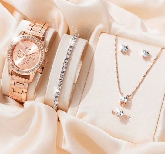5 PCS Set Gold Watch Women Luxury Ring Necklace Earrings Rhinestone Fashion Wristwatch Female Casual Watches Bracelet Set