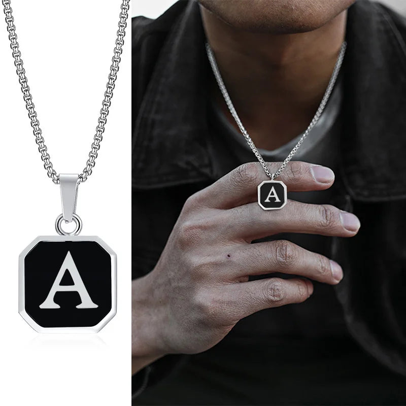 Vnox A-Z Initial Letters Men Necklaces, Geometric Pendant with Box Cuban Rope Chain, Stainless Steel Square Simple Collar