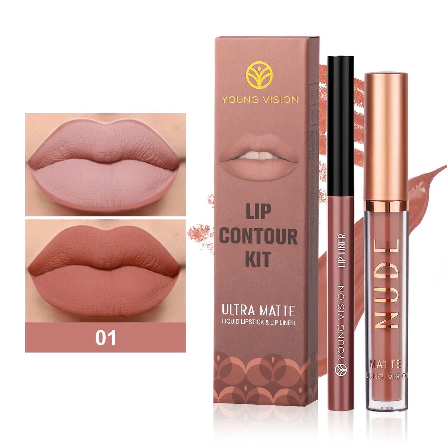 YOUNG VISION 2-color matte long-lasting color lip liner set waterproof anti-sweat non-stick cup lip gloss rotatable lip liner