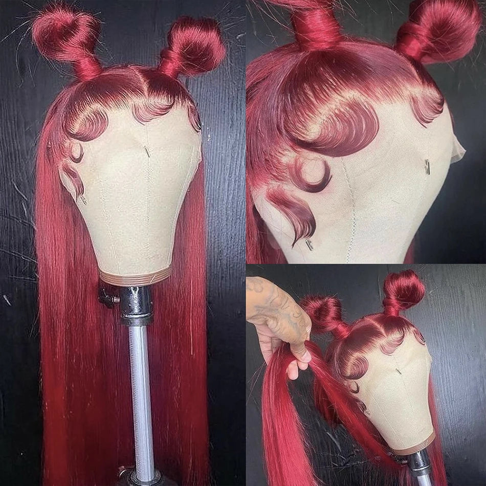 99J Colored Lace Front Human Hair Wigs Straight Burgundy 13x4 Transparent Full Lace Frontal Wig Red Brazilian Wigs For Women