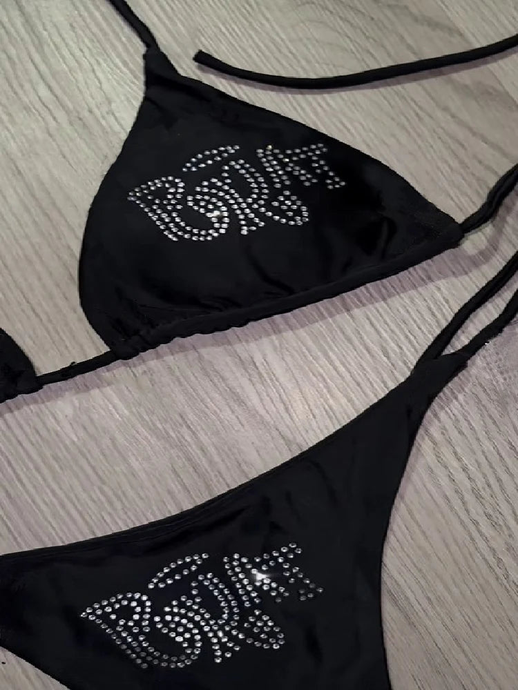 2000s Woman Punk New Beach Swimwear gothic clothes BRAT Rhinestone printing Grunge Swimsuit Bikini Y2K Bathing Suits Lace Up 