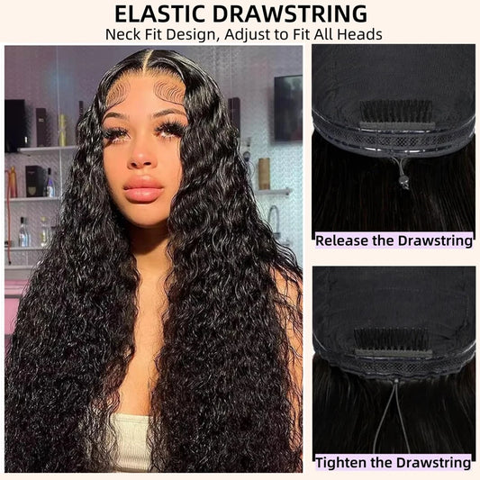 13x6 HD Lace Frontal Wigs Water Wave Pull Go Glueless Wig Human Hair 360 Full Lace Wig with Invisible Elastic Drawstring