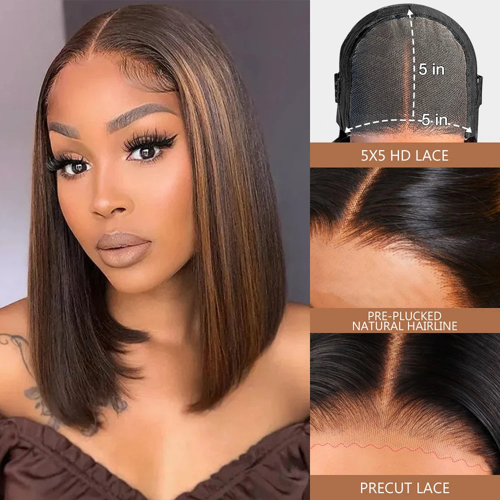 Glueless Wigs Human Hair Pre Plucked Pre Cut P1b/30 Straight Bob Wig Human Hair 5x5 Hd Lace Closure Wigs With Natural Hairline