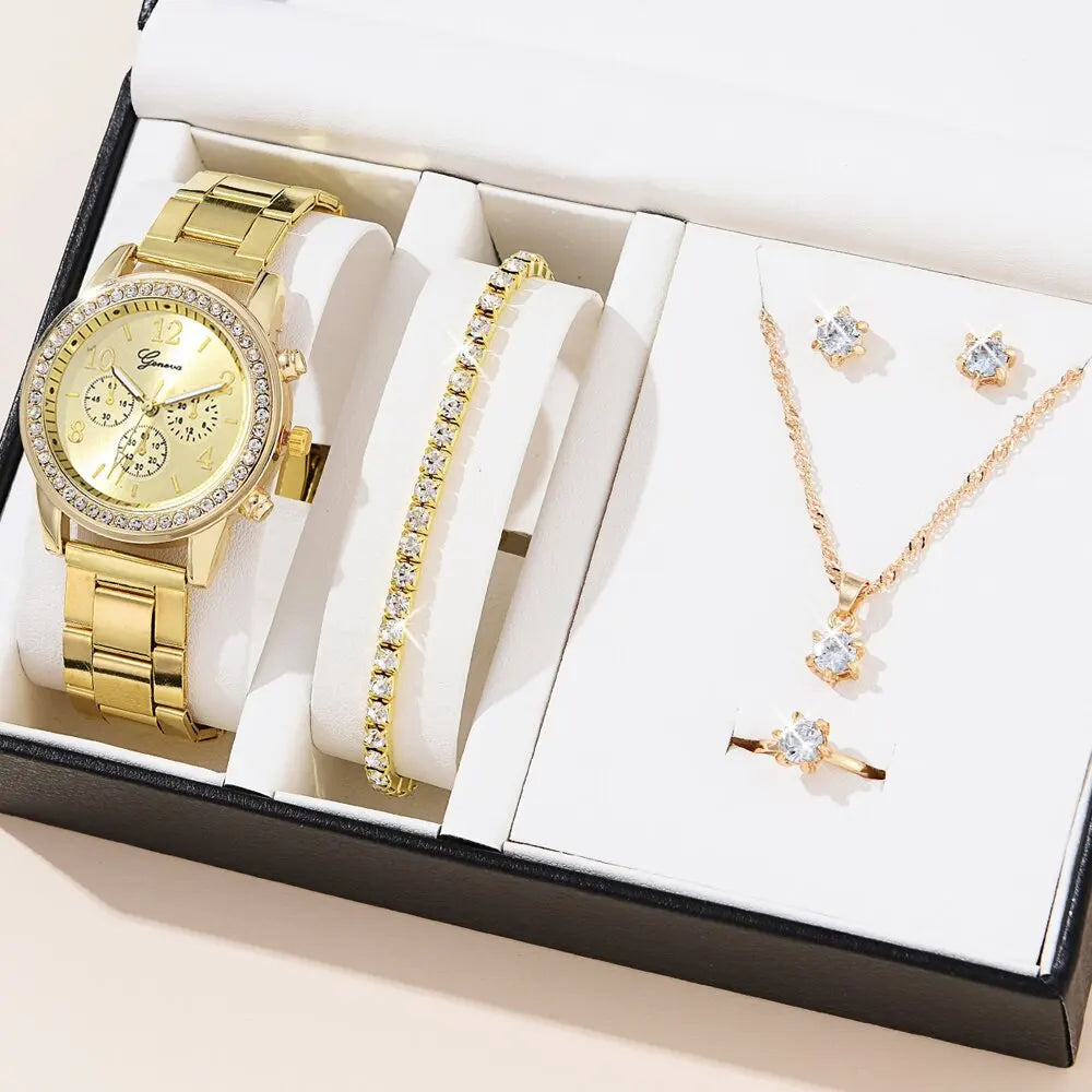 5 PCS Set Gold Watch Women Luxury Ring Necklace Earrings Rhinestone Fashion Wristwatch Female Casual Watches Bracelet Set