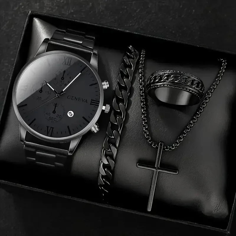 4Pcs/set Luxury Men Business Quartz Watch stainless steel Roman Calendar Wrist Watch Cross Necklace Bracelet Ring Set Men's Gift