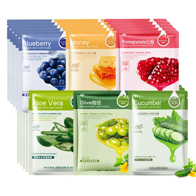 30pcs Natural Plant Facial Mask Moisturizing Oil Control Anti-Aging Fruit Aloe Korean Sheet Face Mask Beauty Skin Care Prodcuts