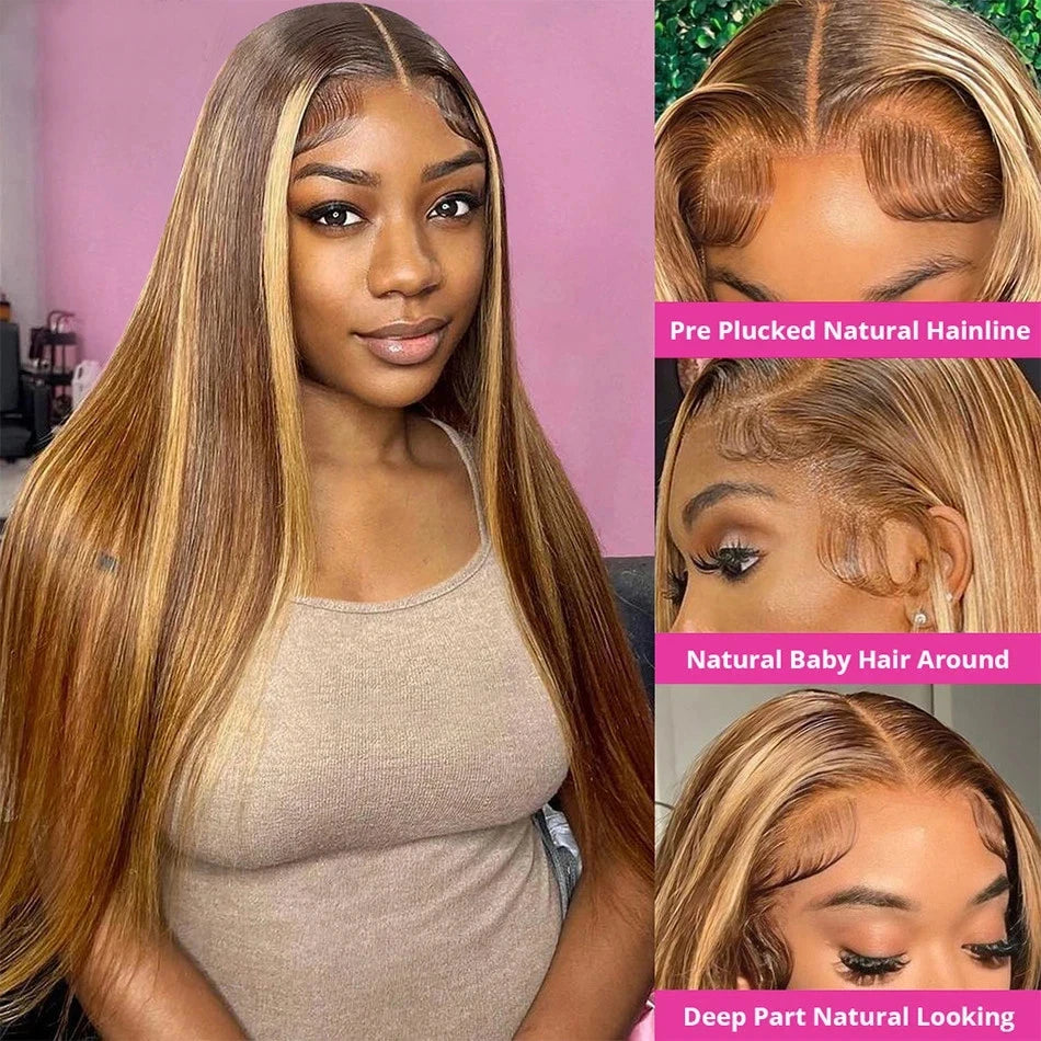 Finros Highlight Wig 13x6 Hd Lace Frontal Wig Straight Blonde Lace Front Wigs Human Hair 100% Honey Brown Colored Wig For Women