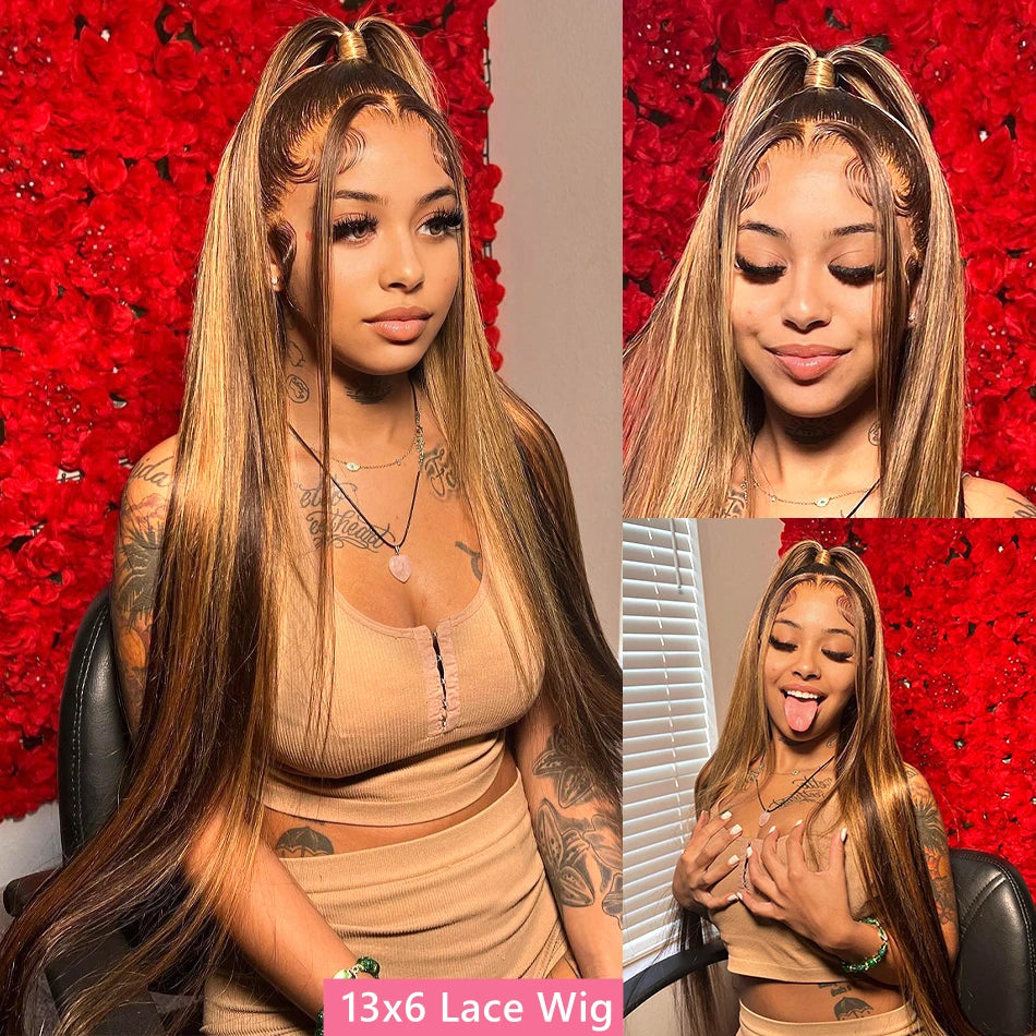 Finros Highlight Wig 13x6 Hd Lace Frontal Wig Straight Blonde Lace Front Wigs Human Hair 100% Honey Brown Colored Wig For Women