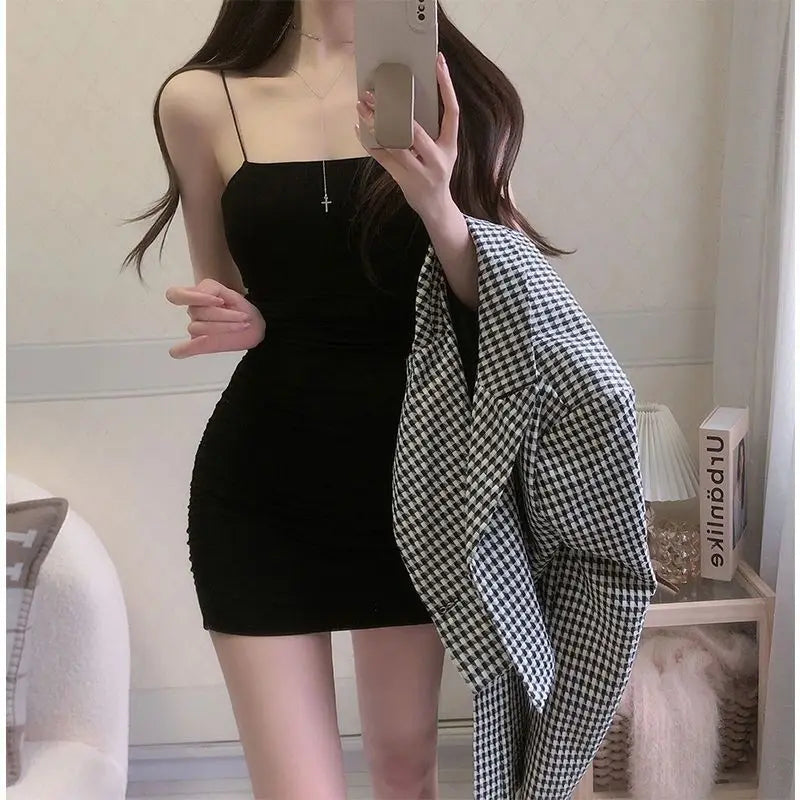 Women's Summer Solid Color Spaghetti Strap Sundress Sexy Mini Camisole Dress Bodycon Sleeveless Black for Club Party